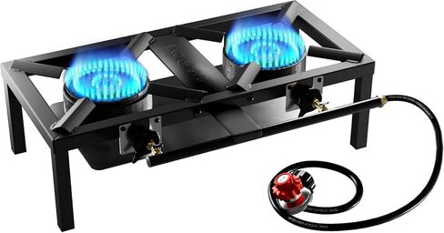 GasOne High Pressure Single Propane Burner - Outdoor Cooking with Heat Shield and Guard, Steel Braided Hose – Propane Burner Head for Camping, Tailgating, Home Brewing - Patent Pending in Saudi Arabia