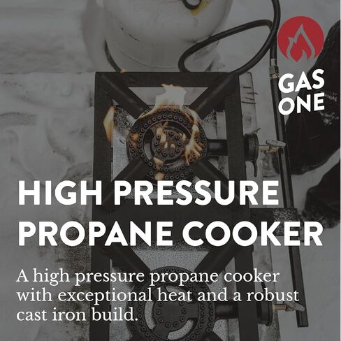 GasOne High Pressure Single Propane Burner - Outdoor Cooking with Heat Shield and Guard, Steel Braided Hose – Propane Burner Head for Camping, Tailgating, Home Brewing - Patent Pending in Saudi Arabia