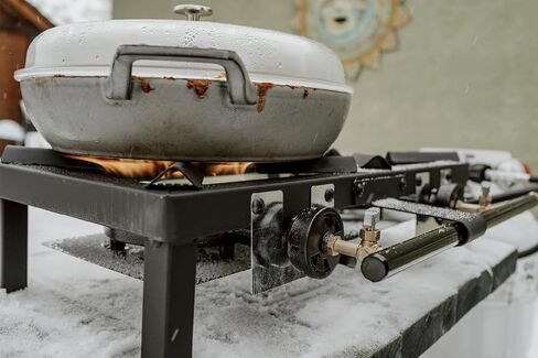 GasOne High Pressure Single Propane Burner - Outdoor Cooking with Heat Shield and Guard, Steel Braided Hose – Propane Burner Head for Camping, Tailgating, Home Brewing - Patent Pending in Saudi Arabia
