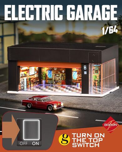 1/64 Scale Diecast Display Case for Hot Wheel Storage with LED Lights, Stackable Electric Garage with Voice Control, 3 Replaceable 3D Scenes Parking Lot Diorama for Model Cars (Brown) in Saudi Arabia