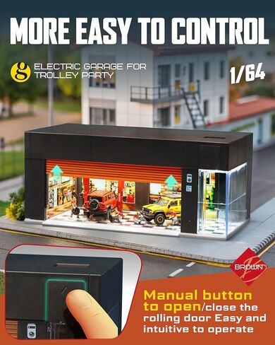 1/64 Scale Diecast Display Case for Hot Wheel Storage with LED Lights, Stackable Electric Garage with Voice Control, 3 Replaceable 3D Scenes Parking Lot Diorama for Model Cars (Brown) in Saudi Arabia