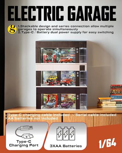 1/64 Scale Diecast Display Case for Hot Wheel Storage with LED Lights, Stackable Electric Garage with Voice Control, 3 Replaceable 3D Scenes Parking Lot Diorama for Model Cars (Brown) in Saudi Arabia