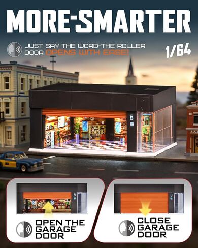 1/64 Scale Diecast Display Case for Hot Wheel Storage with LED Lights, Stackable Electric Garage with Voice Control, 3 Replaceable 3D Scenes Parking Lot Diorama for Model Cars (Brown) in Saudi Arabia