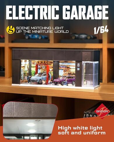 1/64 Scale Diecast Display Case for Hot Wheel Storage with LED Lights, Stackable Electric Garage with Voice Control, 3 Replaceable 3D Scenes Parking Lot Diorama for Model Cars (Brown) in Saudi Arabia
