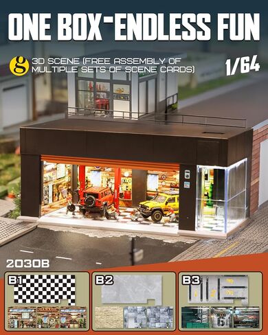 1/64 Scale Diecast Display Case for Hot Wheel Storage with LED Lights, Stackable Electric Garage with Voice Control, 3 Replaceable 3D Scenes Parking Lot Diorama for Model Cars (Brown) in Saudi Arabia