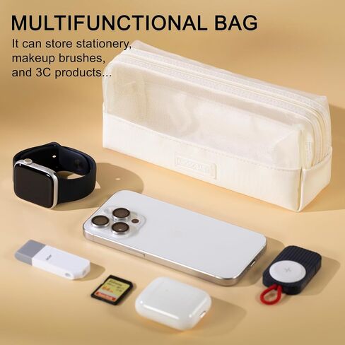 ANGOOBABY Mesh Pencil Bag Clear pencil case Zipper Pouch Bags Multifunctional Pencil Holder for Students, Small Makeup Bag Suitable for Teen Girls & Boys（Beige） in Saudi Arabia