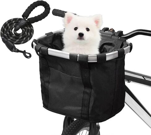 Detachable Bike Basket, Dog Cat Bicycle Handlebar Front Bag Pet Carrier with 5 FT Dog Leash for Cycling, Shopping, Picnic, and Outdoor (Black 1) in Saudi Arabia