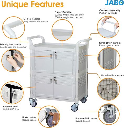 JaboEquip 3 Tier Heavy Duty Utility Cart, Lockable Medical Cart, 606 lbs Load for Lab, Hospital, Office, JB-3KD1, Black in Saudi Arabia