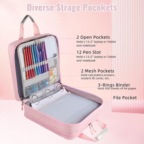 Zipper Binder 3 Ring with Shoulder Strap, 2 Inch O-Rings, 500-Sheet Capacity, Binder Bag with Expanding File Folder & Multi-Pockets, Trapper Keeper fits for 13 Inch Laptop (Purple) in Kuwait