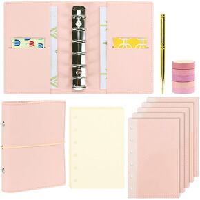 Koqye A7 Leather Journal & Notebook Cover Set - Refillable Grey Leather Binder with Divider Pockets, Washi Tapes, Blank Refill & Gold Pen - Portable Leather Journal Gift for Women Men (Grey)