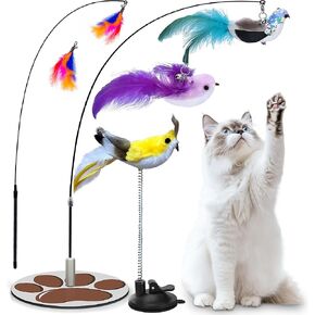 Interactive Cat Toy for Indoor,Includes Metal Base, Suction Cup Cat Base, Cat Wand,Bird Simulation Toys and Feather Toy,Set of 7 PCS