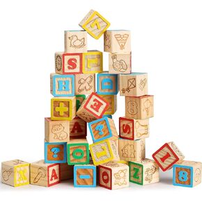 SainSmart Jr. Wooden Alphabet Blocks 1.73 Inch, 30Pcs Building Blocks Including Letters, Numbers and Animals, Montessori Wooden Blocks for Preschool Toddlers