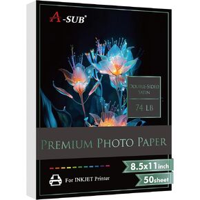 A-SUB Premium Double Sided Photo Paper Satin 8.5 x 11 Inch 74lb for Inkjet Printers 50 Sheets