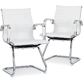 Magshion Office Reception Guest Chair with No Wheels, Mid Back PU Leather Waiting Room Chair with Metal Leg Sled Base and Arms for Conference Room (White, 2 Pack)