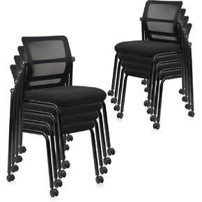 CLATINA Stacking Armless Office Waiting Room Chair with Wheels, Stackable Mesh Guest Reception Desk Chairs with Adjustable Backrest for Conference Lobby Side School, Black, 8 Pack