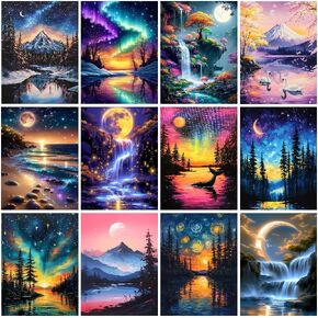 CreateJoy 12 Pack Moonlight Diamond Painting Kits for Adults, 5D Moon Diamond Art Kits for Beginners, DIY Full Drill Paint with Diamond, Home Wall Decor 12 x 16 Inch