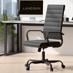 LANDSUN Home Office Chair High Back Executive Chair Ribbed Leather Computer Desk Chair with Armrests Soft Pad Adjustable Height Swivel Conference Black Frame