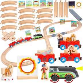 41 Pcs Battery Operated Motorized Light and Sound Circus on Wooden Railway Figure 8 Train Set Compatible with Thomas, Brio, Chuggington, Melissa & Doug