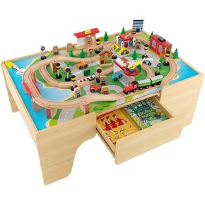 INFANS Train Table, 80 Pieces Wooden Kids Activity Toy Table Playset with Reversible Detachable Tabletop, Tracks, Train, Railway, City, Gift for Toddler Boys Girls Ages 3+ (31" x 22.5" x 15.5")