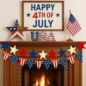 4th of July Decorations 2pcs Retro Wooden Red Blue and White Stars Garland & USA Triangle Bunting Patriotic, Memorial Day, Veterans Day Banner for Mantle, Fireplace, Wall, Party Supplies