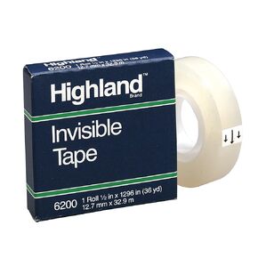 Highland 3M 6200 Invisible Tape, 1/2" x 1,296", Clear, Pack of 12