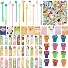 164 Pcs Cute Animal Stationery Party Favors, Cartoon Stationery Party Supplies for Kids, Contains Animal Gel Ink Pens, Notebooks, Stampers, Bookmarks and Stickers for Office Supplies