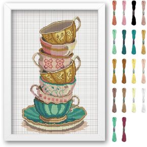 FREEBLOSS Cross Stitch Kits for Beginners Tea Cups Stamped Cross Stitch Patterns Landscapes Cross Stitch Wall Hanging Kit DIY Embroidery Needlepoint Kit Embroidery Kit for Adults 35x50cm