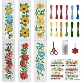 INFUNLY 6 Set Cross Stitch Bookmark Kit Rose Flower DIY Cross Stitch Kit 8"x2.4" Pre-Printed Sunflower Stamped Embroidery Bookmark with Instruction for Beginners Book Lovers Adults Craft Gift