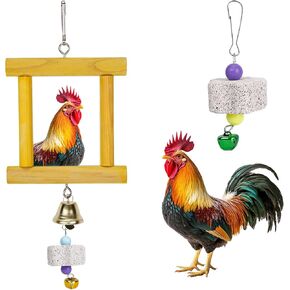 3pcs Chicken Toys for Coop, Chicken Mirror with 2pcs Beak Grinding Stones Chick Wooden Hanging Swing Mirror with Bell Pecking Toy Entertainment Coop Accessories for Hens Birds Parrots
