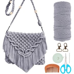 INFUNLY DIY Macrame Bag Kit for Adult Beginners Boho Macrame Cord Shoulder Bag Set with Bead Tassel Hmade Knotting Satchel Bag Kit with Instruction DIY Macrame Bag Kit for Women Holiday Beach Decor