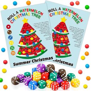 24 Set Summer Christmas Game Roll a Watermelon Christmas Tree Dice Game with 24 Watermelon Cards 30 Rainbow Color Dices for Hawaiian Tropical Party Favors Decorations Family Activities