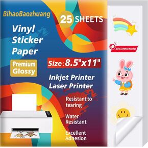BihaoBaozhuang-Printing papers-25 Sheets Premium Glossy Printable Vinyl Sticker Paper for Inkjet & Laser Printer - White Waterproof, Dries Quickly Vivid Colors, Holds Ink well- Tear Resistant
