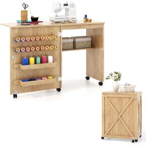 Giantex Folding Sewing Table - Farmhouse Sewing Machine Cabinet with Barn Door, 18 Pegs, 2 Storage Trays, Craft Station Side Desk Cart on Lockable Wheels (White, 46''L x 16''W x 30''H)