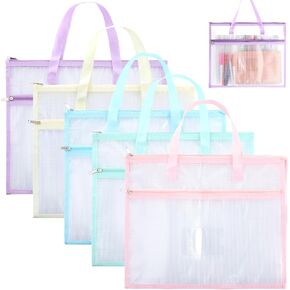 Clysee 5 Pcs Sew Project Bags 14 x 11 Inch Quilting Craft Organizer Storage Bags with Handle and Pocket Jumbo Sew Quilting Mesh Bags for Knitting Stitching Crafter, 5 Colors (Multicolor)