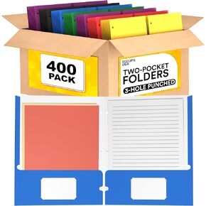 Folders, Folders with Pockets (100 Pack), 3 Hole Punched 2 Pocket Folders, Folders with Pockets Bulk, Holds 100 Sheets (50 per Pocket), Assorted Colors, Office Or School (100 Pack, Assorted)