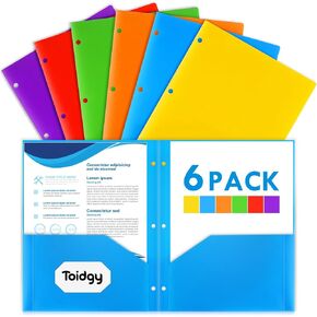 6 Pack 2 Pocket Folders with 3 Holes Punch, Plastic Folder for 3 Ring Binder, Heavy Duty Folders Bulk for Letter Size Paper, Assorted Colors Folders for School and Office Supplies