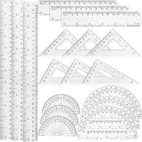Tenare 18 Pcs Plastic Clear Math Set Includes Protractor Triangle Rulers 12 Inch 6 Inch Straight Geometry Math Transparent Ruler Measuring Tool for School Office Home Supplies