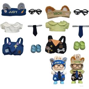 Doll Clothes for 15-17cm Doll(6PCS), Complete Fox&Bunny Couple Overall Set with Shirt, Headband, Glasses, Tie&Shoes, Adorable Clothing, Ready-to-wear Stylish Outfit for Labubu (Doll NOT Included)