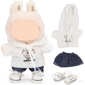 ﻿MVOHSMVO Clothes for 17cm Doll, Funny Accessories Suit Set Compatible for LABUBU Standing/Sitting or Any 17cm/6.7inch Doll (Cat Hoodie/Blue Denim Shorts/White Shoes)