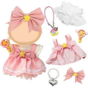6 Pcs Pink Dolls Clothes Accessories for 17 cm Dolls, Sweet Cute Doll Outfit Accessories Sets Include 1 Blouse 1 Strap Skirt 1 Bow Hair 1 Magic Wand 1 Necklace 1 Pendant No Doll
