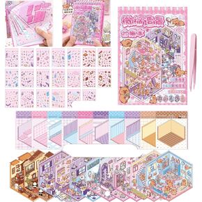 3D Sticker Scene Book,Sticker Therapy for Adults,Include 20 Beautiful House Isometric 3D Space DIY Scene Stickers Book,Cute Art Stickers for Girls