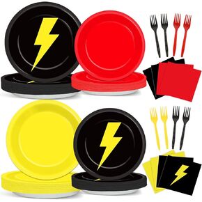 96PCS Red Black Yellow Birthday Party Plates and Napkins for Cartoon Game Party Supplies Lightning Dessert Plates Cartoon Animated Parties Tableware Set for Kids 24 Guests Birthday Parties Decorations