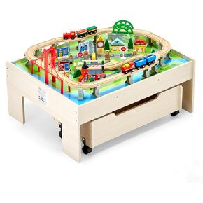 VEVOR Train Table, 120 Multicolor Pieces Wooden Kids Activity Table with Collapsible Storage Bin, 3-in-1 Wooden Train Set for Gaming, Drawing, Reading, Eating, Creative Toy Set for Kids Ages 3+