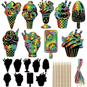 36 Packs Ice Cream Scratch Cards,Magic Rainbow Summer Sweet Dessert Scratch Off Cards Hanging Ornaments Craft for Kids Birthday Party Favors Supplies School DIY Activity