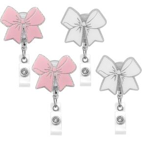 4pcs القوس اللطيف مع بكرة شارة القلب لبطاقة الهوية ، حامل شارة قابل للسحب مع مقطع التمساح ، 2x وردي و 2x أبيض ، للممرضة ، العامل الطبي ، المعلم