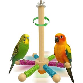 Bird Perch Toy, Parrot 360° Rotating Stand Perch, Wooden Interactive Wheel Parakeet Toy Bird Cage Accessories for Small and Medium Lovebirds Conures Finches Budgies-White