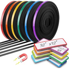 6 Rolls 1/4" Magnetic Whiteboard Tape Set 33ft Magnetic Tape Roll Thin Strips Borders for Classroom Whiteboard with 48pcs Dry Erase Labels for Classroom School Office Home Students