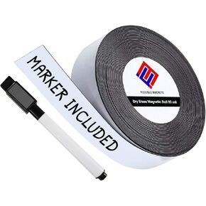 Dry Erase Magnetic Strips - Roll of Writable Whiteboard Magnets - Writable Flexible Magnet - Name Plates - Magnetic Labels- Dry Erase Name Tags - Marker Included (Half Inch x 25 Feet)