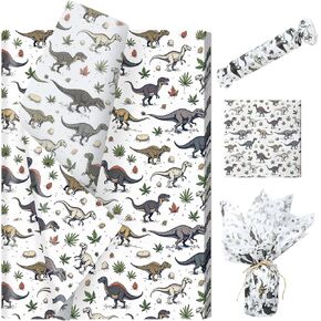 100 Sheets Dinosaur Tissue Paper - Dino, Fossil & Plant Pattern Gift Wrap Tissue for Animal Party Decor, Boys, DIY Crafts, Birthday, Kid Art Projects, 13.8 x 19.7 Inches