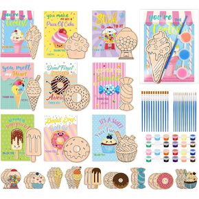 Honoson 27 Set Ice Cream Party Favors Ice Cream Donut Candy Craft Kits DIY Wood Painting Craft Kits with Art Supplies and Inspirational Cards for Summer Birthday Sweet Shop Party Goodie Bag Prizes